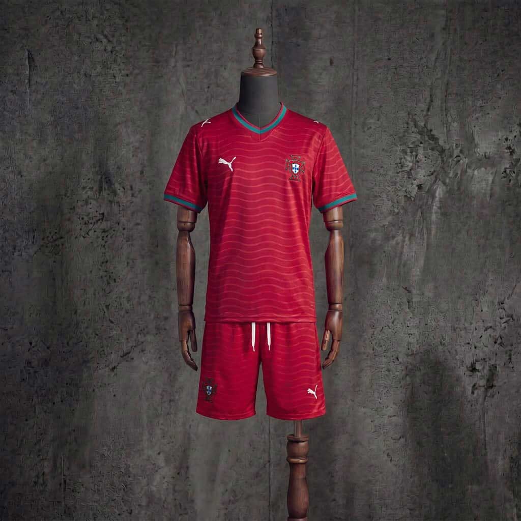 Detailný pohľad na detský domáci dres Portugalska pre MS 2026 v tradičnej vínovo-červenej farbe so zlatými prvkami a štátnym znakom