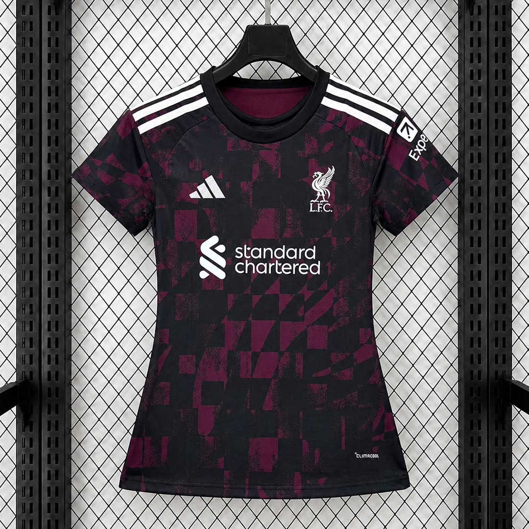 Čierno-bordový dámsky tretí dres Liverpool FC 26/27 so striebornými detailmi