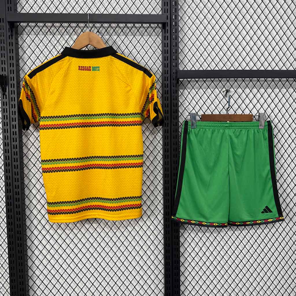 Žltý detský dres Jamajka 2026 Reggae Boyz s farebným reggae vzorom