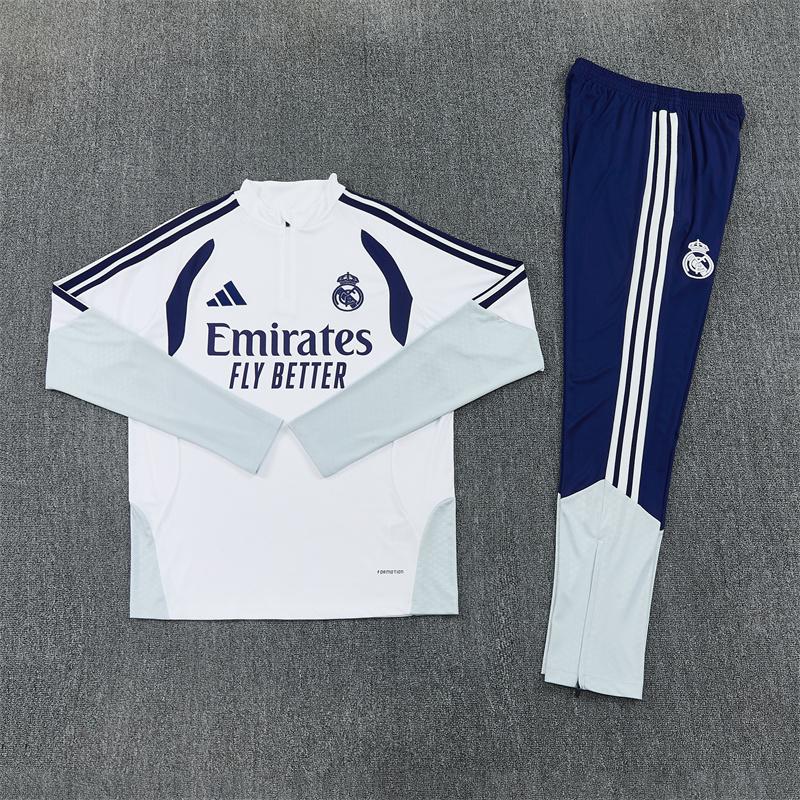 Biely tréningový dres Real Madrid s modrými detailmi spredu