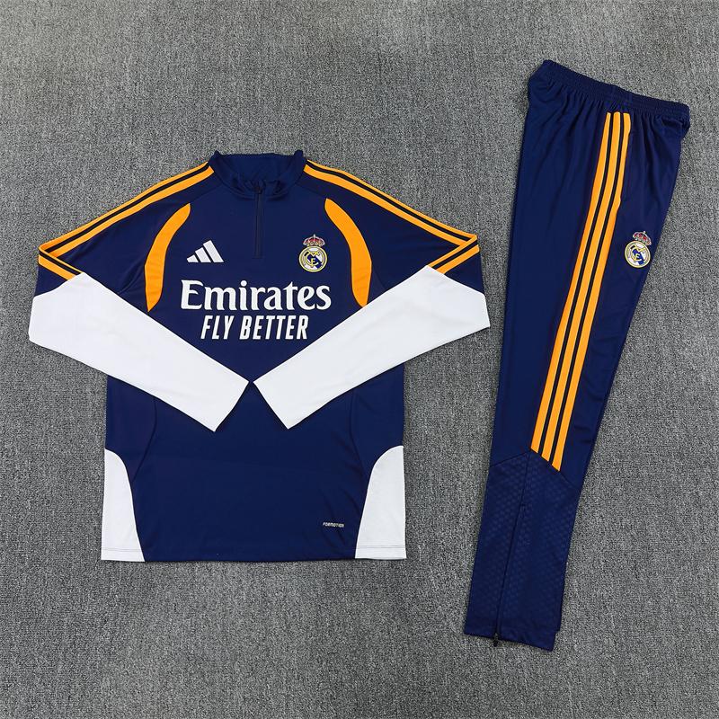 Modrý tréningový dres Real Madrid so žlto-oranžovými detailmi spredu