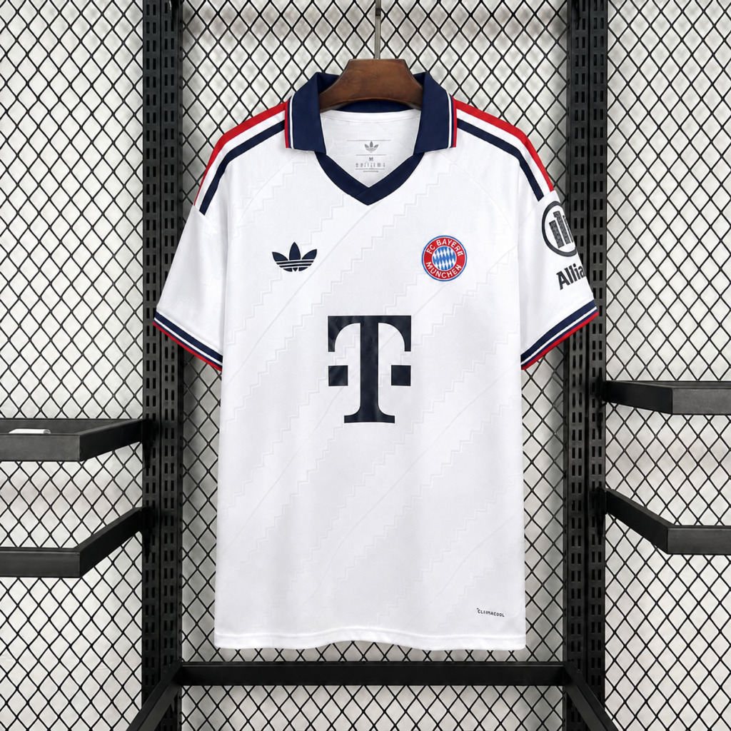 Bayern München hosťovský dres 2026/27 biely s retro e.V. znakom spredu