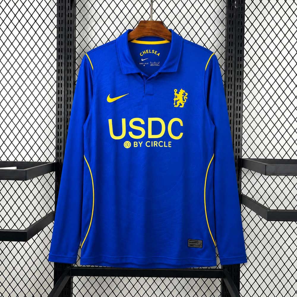 Modrý Chelsea dres 2026/27 s dlhým rukávom a klasickým golierom